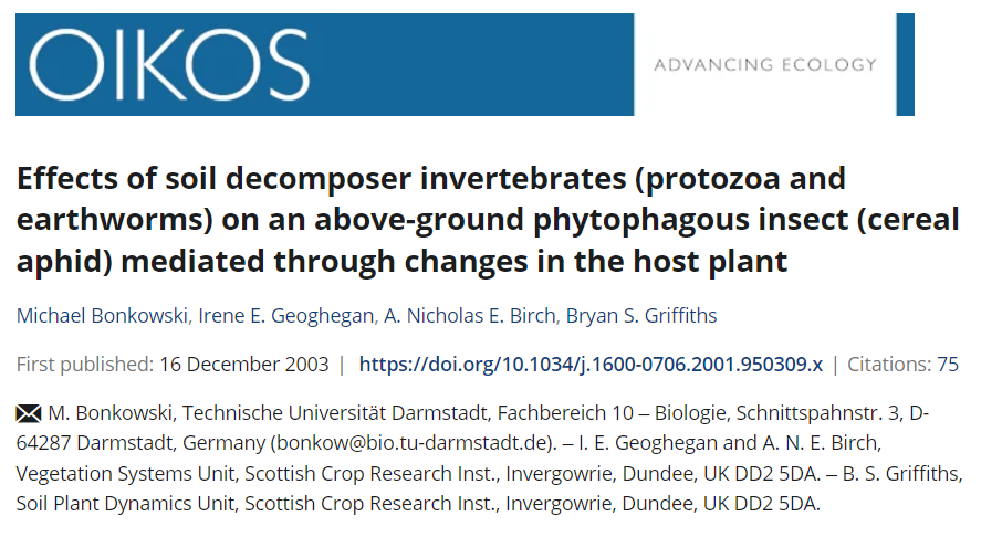 Effects of soil decomposer invertebrates (protozoa and earthworms) on an above-ground phytophagous insect (cereal aphid) mediated through changes in the host plant